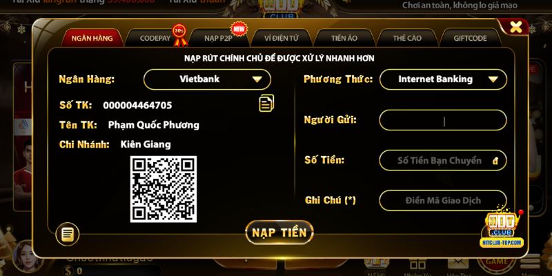 Hướng dẫn nạp tiền Hitclub bằng Ngân hàng