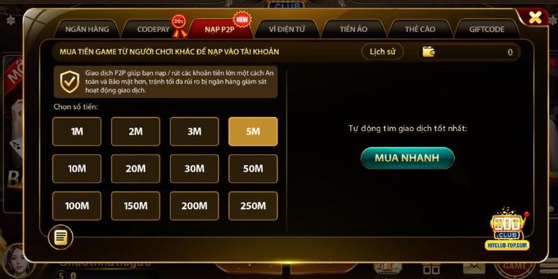 Hướng dẫn nạp tiền Hitclub bằng P2P