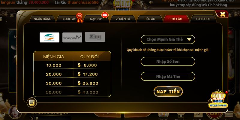 Hướng dẫn nạp tiền Hitclub bằng Thẻ cào