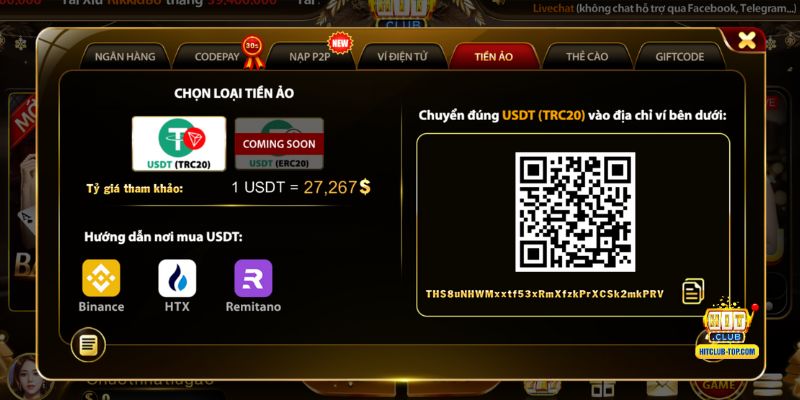 Hướng dẫn nạp tiền Hitclub bằng USDT TRC20