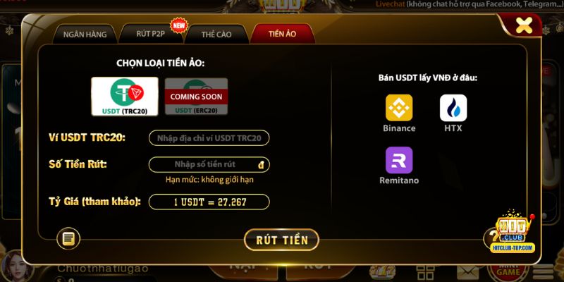 Hướng dẫn rút tiền Hitclub bằng USDT TRC20
